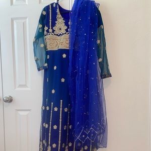 Blue anarkali with gold work